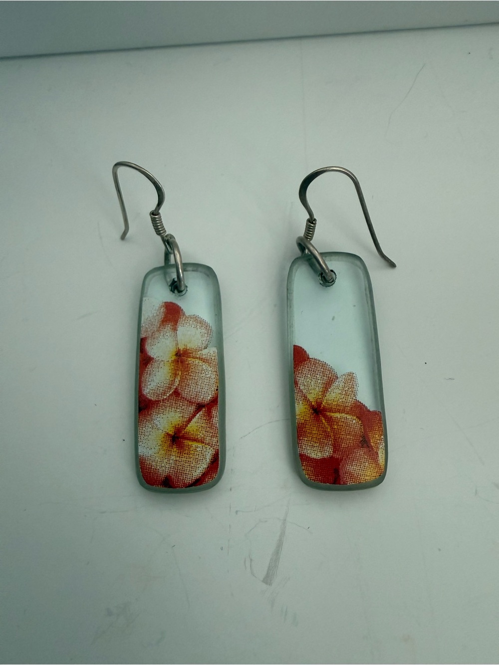925 Sterling Silver Plumeria Glass Dangle Earrings Hawaiian Floral